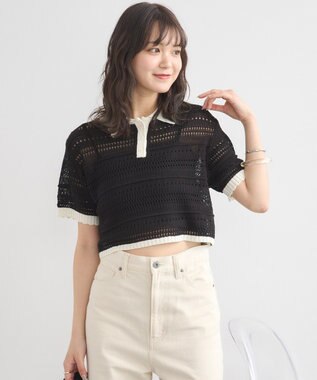 earth music&ecology キラキラボタン透かしニットポロ