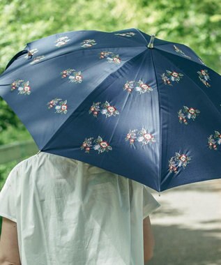 AND WOOL 〈UVカット率99%以上・一級遮光生地・晴雨兼用〉野ばら刺繍の日傘 （長傘タイプ） ネイビー