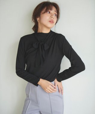 Feroux 【2WAY・洗える】リボンタイシアータートル カットソー ブラック系