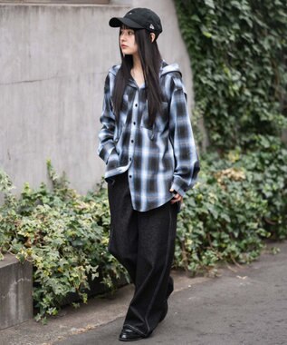 WEGO フードチェックシャツ サックス