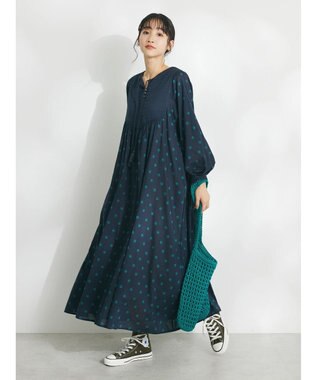 CRAFT STANDARD BOUTIQUE インド綿混キルト切替花柄ワンピース Navy