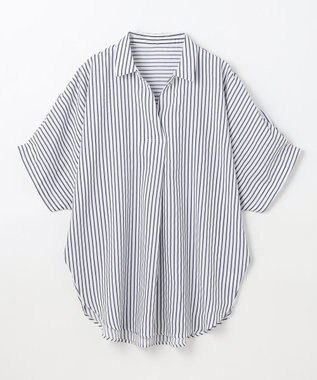 ANY 【新色追加】スキッパーネック袖タックブラウス ブルーストライプ