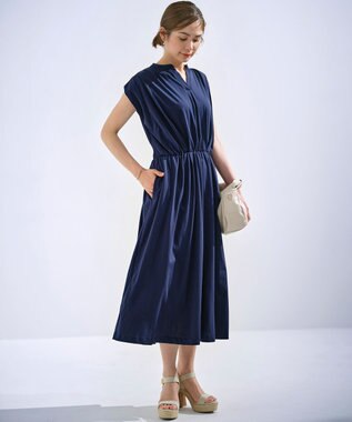 組曲 【洗える・WEB限定】プレーティング天竺 ドレープワンピース ネイビー系