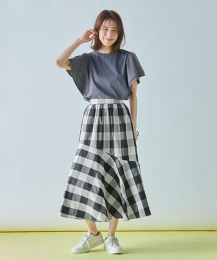 ANY L 【洗濯機可能/ウエストゴム】ビックチェックマーメイドスカート オフ×ブラックブロックチェック