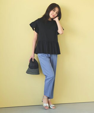 Feroux 【UVケア】フリルスリーブペプラム カットソー ブラック系