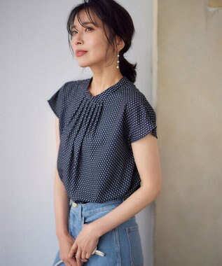 ANY 【洗濯機可能】プリントブラウス ネイビー幾何