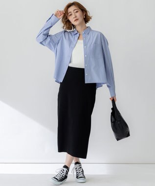 23区 【洗える】CANCLINI クロップド テントライン シャツ ブルー×イエローストライプ