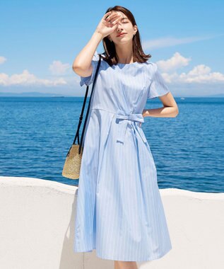 Tiaclasse 【洗える】ストライプアシンメトリーリボンワンピース サックス