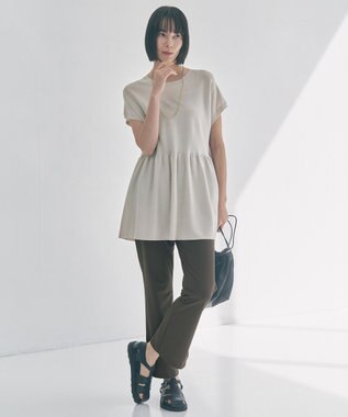 UNFILO L スゴ機能美ニット フレンチスリーブ ペプラム グレージュ