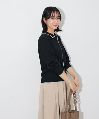 Green Parks ここちニット衿付き配色プルオーバー Black