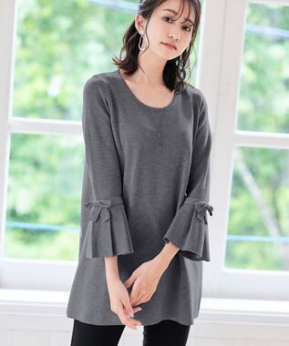 Tiaclasse L 【洗える】ミラノリブ編みのフレア袖ニットチュニック グレー