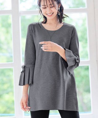 Tiaclasse L 【洗える】ミラノリブ編みのフレア袖ニットチュニック グレー