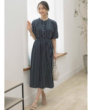 ANY SIS 【接触冷感・吸水速乾・UVケア】エアリードレープスムース ワンピース ネイビーストライプ