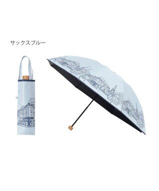 MOONBAT 【遮光100%/収納バッグ付き】SOLFEGE MODE  晴雨兼用 折りたたみ日傘 街並プリント サックスブルー