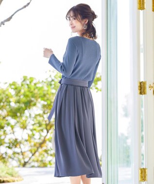 Tiaclasse L 【洗える】異素材を組み合わせたミモレ丈リブコンビワンピース ブルー×ブルー