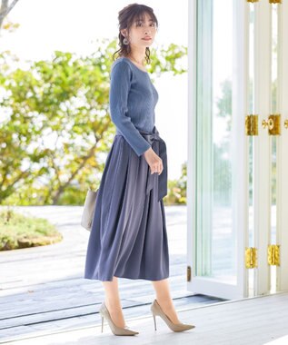 Tiaclasse L 【洗える】異素材を組み合わせたミモレ丈リブコンビワンピース ブルー×ブルー