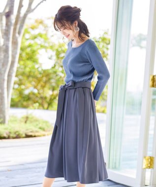 Tiaclasse L 【洗える】異素材を組み合わせたミモレ丈リブコンビワンピース ブルー×ブルー