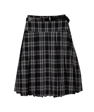 WEGO ベルト付プリーツミドルスカート ブラックチェック1