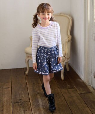 ANY KIDS リボン×ボーダー長袖Tシャツ ラベンダー×エクリュ