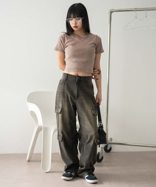 WEGO ヴィンテージウォッシュワンポイントリブT ブラウン