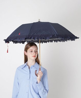MOONBAT 【遮光/晴雨兼用日傘】POLO RALPH LAUREN（ポロラルフローレン） 折りたたみ日傘 エンブフリル 遮熱 UV ディープブルー