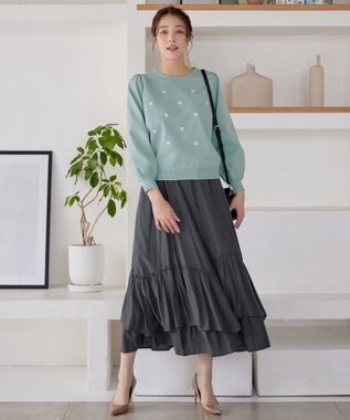 Tiaclasse 【洗える】フラワー刺繍ニットトップス ミント