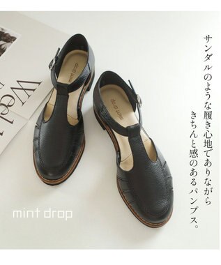 Pointer 本革 通気性Tストラップパンプス ブラック