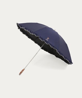 MOONBAT 【WEB限定/遮光率100%/遮熱/UV】POLO RALPH LAUREN（ポロ ラルフローレン）晴雨兼用日傘 ワンポイント ポロベア刺繍 フリル 折りたたみ傘 長折タイプ ディープブルー