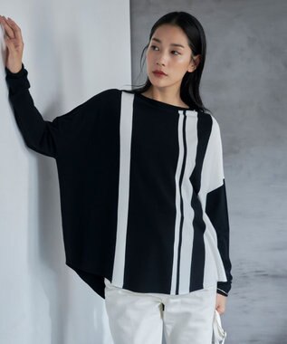 ICB 【洗える】 ヴィスコースワイド 配色デザインプルオーバー ブラック×オフホワイト系