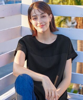 Tiaclasse L 【洗える】シアーコンビチュニックブラウス ブラック