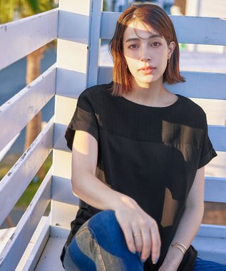 Tiaclasse L 【洗える】シアーコンビチュニックブラウス ブラック