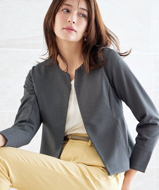 Tiaclasse L 【洗える】ノーカラーポンチジャケット チャコールグレー