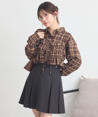 earth music&ecology SET2点チェック柄シャーリングビスチェ＋シャツ Brown