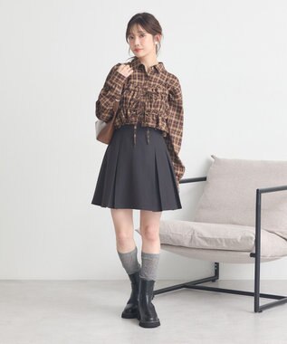 earth music&ecology SET2点チェック柄シャーリングビスチェ＋シャツ Brown