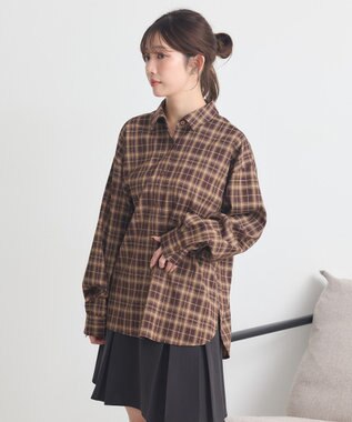 earth music&ecology SET2点チェック柄シャーリングビスチェ＋シャツ Brown