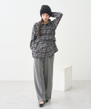 earth music&ecology SET2点チェック柄シャーリングビスチェ＋シャツ Black