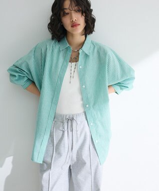 Green Parks 綿麻混レギュラーカラーＢＩＧシルエットシャツ Stripe Green