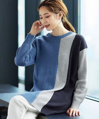 Tiaclasse 【洗える】配色ニットチュニック ブルー