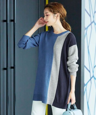 Tiaclasse 【洗える】配色ニットチュニック ブルー