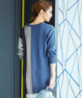 Tiaclasse 【洗える】配色ニットチュニック ブルー