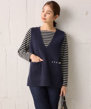 組曲 【洗える・軽量】パールディテールニット ベスト ネイビー系