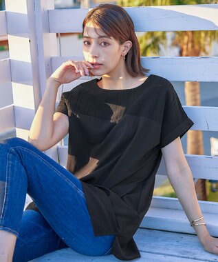 Tiaclasse L 【洗える】シアーコンビチュニックブラウス ブラック