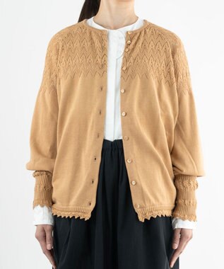 muuc 〈コットン100%強撚糸〉〈通気性が高いドライタッチな素材〉肩周り透かし編み・袖口レース編み コットンカーディガン L.BRN  ライトブラウン