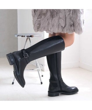 Pointer 本革ベルトデザイン 裏起毛 ロングブーツ ブラック