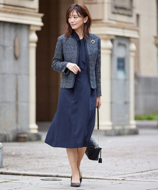 J.PRESS LADIES ファンシーツイード ノーカラー ジャケット ネイビー系1
