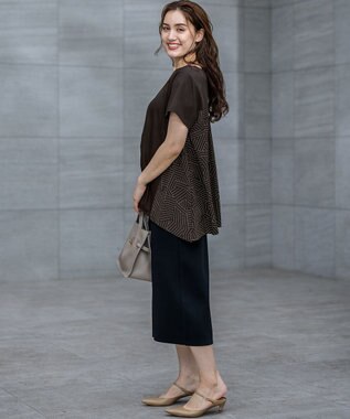 23区 L 【Lサイズ限定/洗える】スカーフプリントコンビ バックフレア カットソー ブラウン×ベージュ