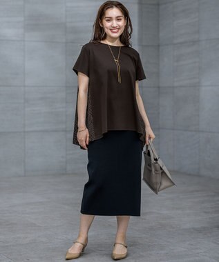 23区 L 【Lサイズ限定/洗える】スカーフプリントコンビ バックフレア カットソー ブラウン×ベージュ