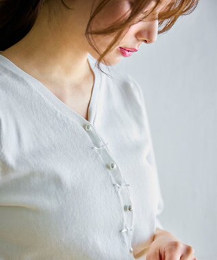 Feroux リボンパール七分袖 カーディガン ホワイト系