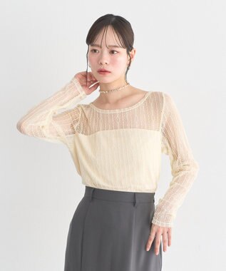 earth music&ecology レースドッキングボートネックプルオーバー Ecru