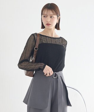 earth music&ecology レースドッキングボートネックプルオーバー Black